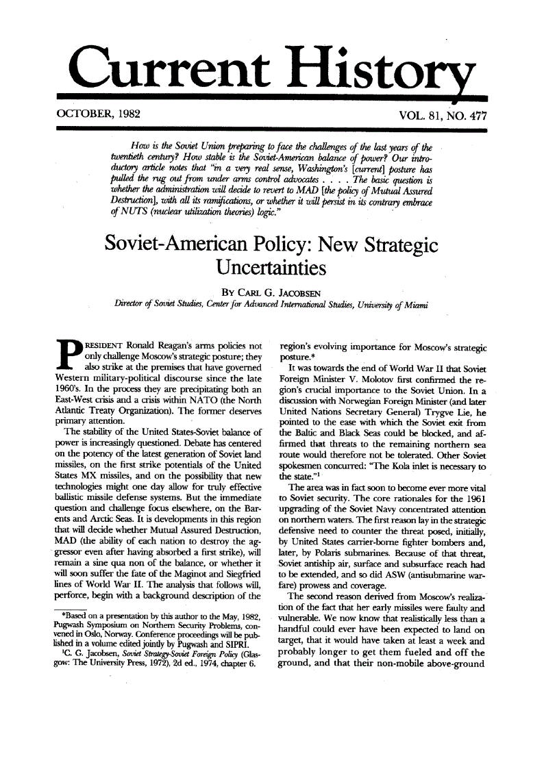 First page of Soviet-American Policy<subtitle>New Strategic Uncertainties</subtitle>