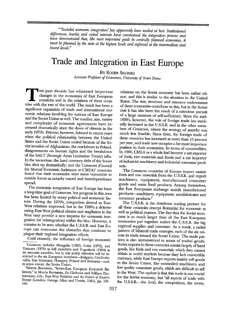 First page of Trade and Integration in East Europe