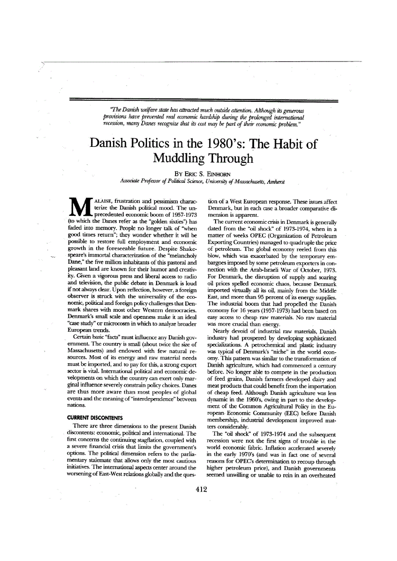 First page of Danish Politics in the 1980’s: The Habit of Muddling Through