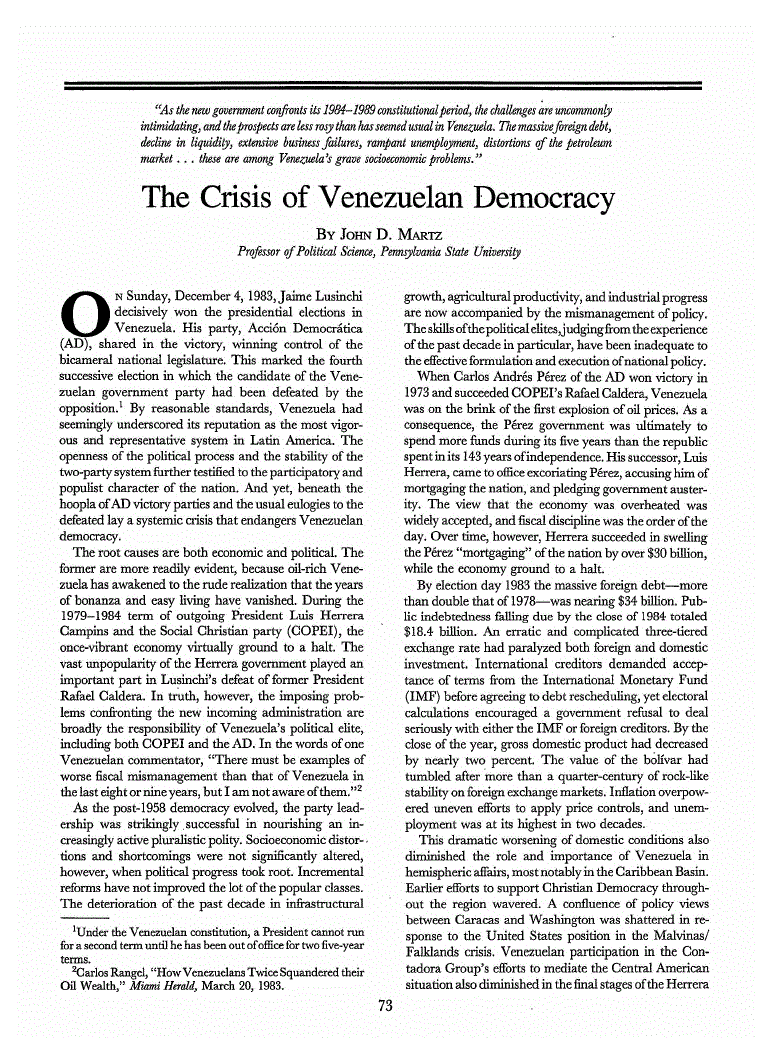 First page of The Crisis of Venezuelan Democracy