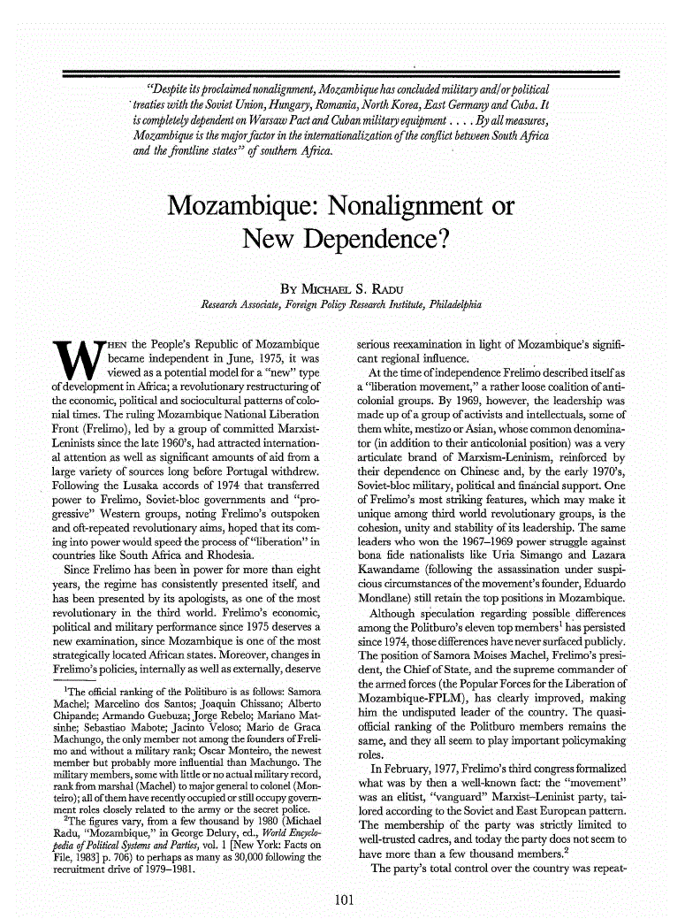 First page of Mozambique<subtitle>Nonalignment or New Dependence?</subtitle>