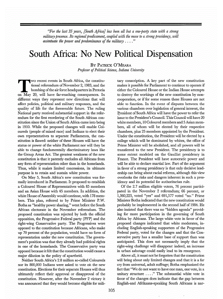 First page of South Africa<subtitle>No New Political Dispensation</subtitle>