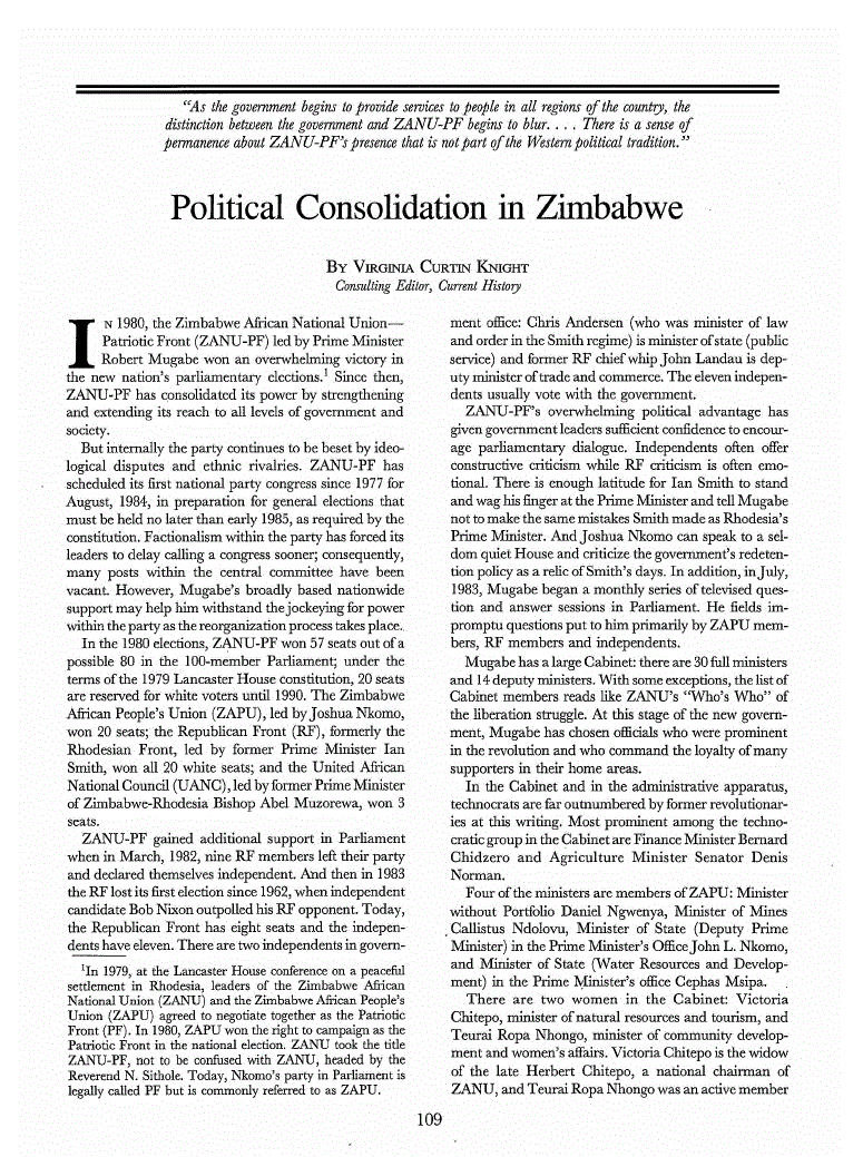 First page of Political Consolidation in Zimbabwe