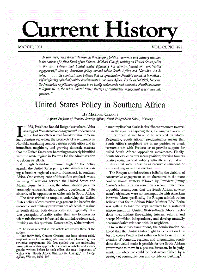 First page of United States Policy in Southern Africa
