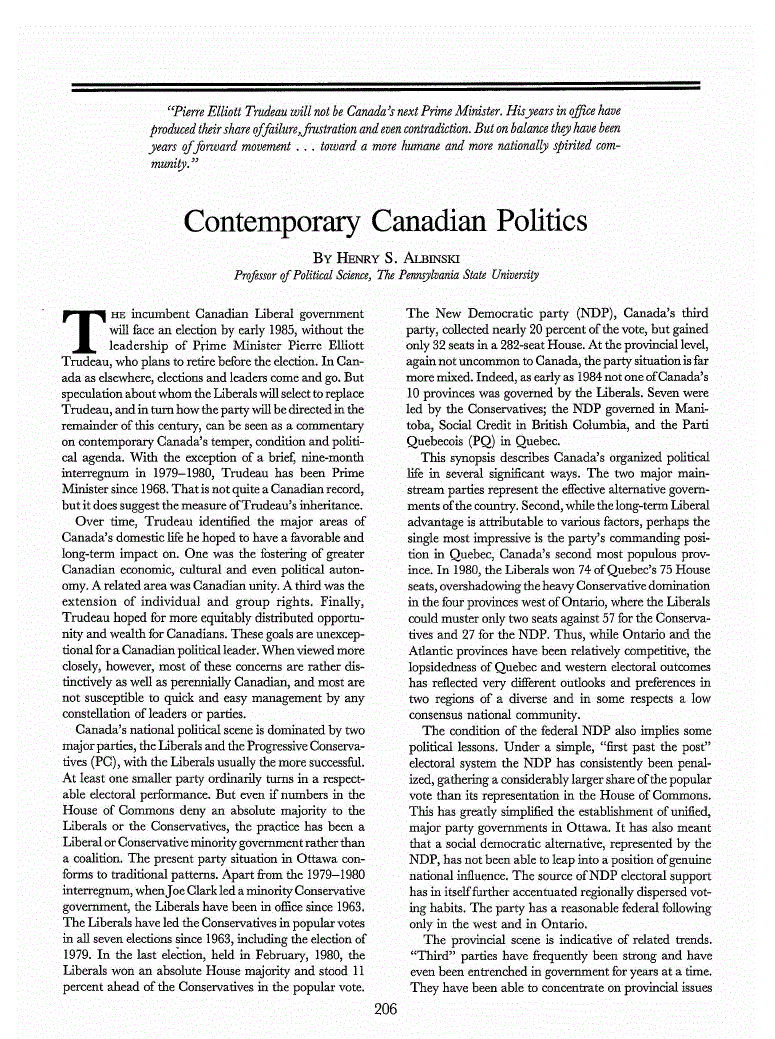 First page of Contemporary Canadian Politics