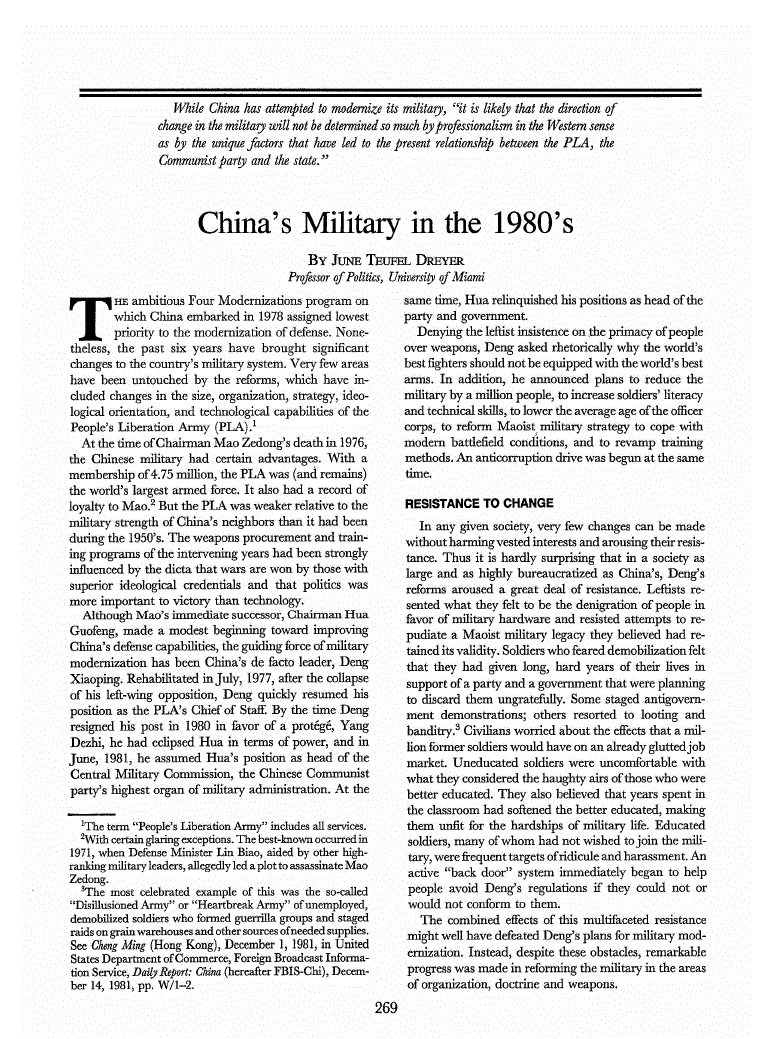 First page of China’s Military in the 1980’s