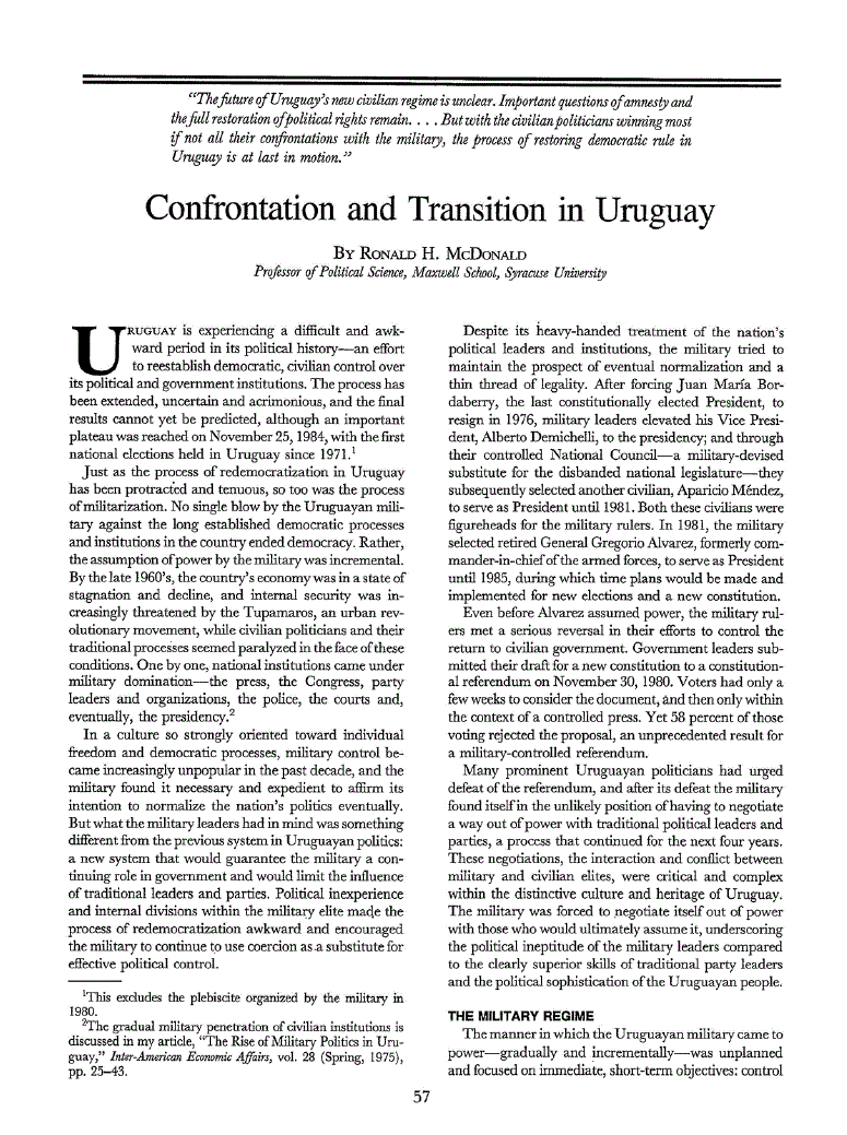 First page of Confrontation and Transition in Uruguay