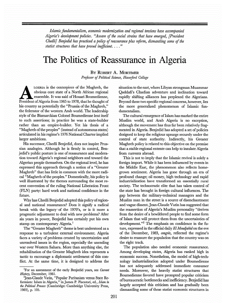 First page of The Politics of Reassurance in Algeria