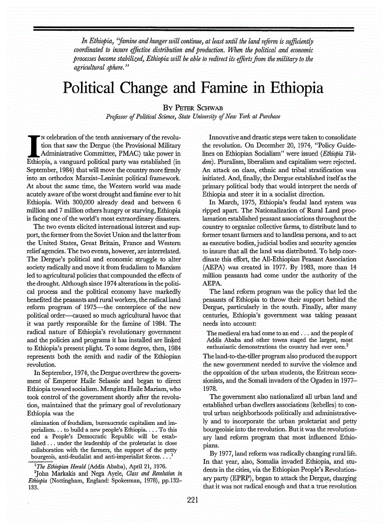 First page of Political Change and Famine in Ethiopia