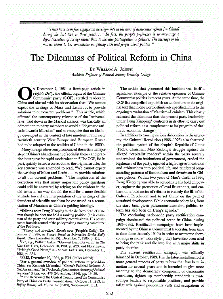 First page of The Dilemmas of Political Reform in China