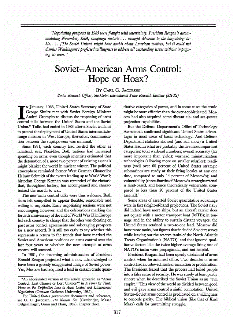 First page of Soviet–American Arms Control<subtitle>Hope or Hoax?</subtitle>
