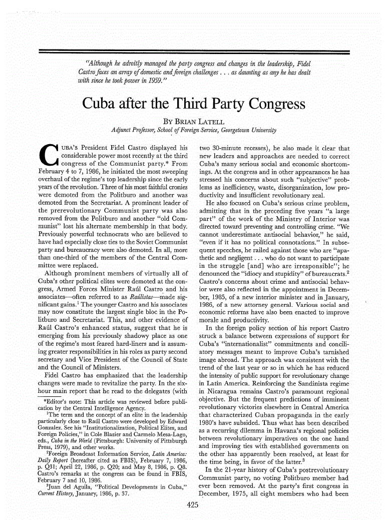 First page of Cuba after the Third Party Congress