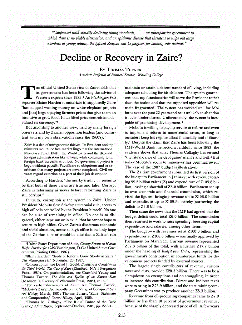 First page of Decline or Recovery in Zaire?