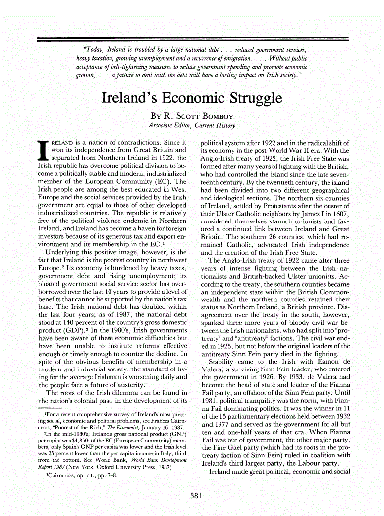 First page of Ireland’s Economic Struggle