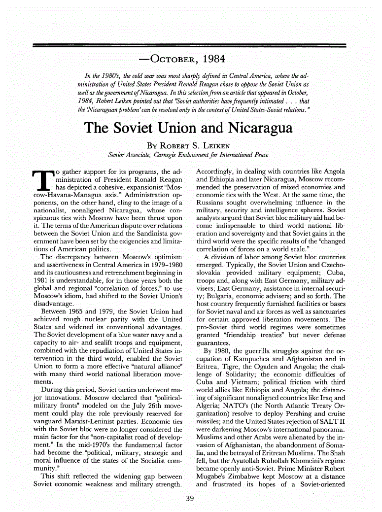 First page of The Soviet Union and Nicaragua