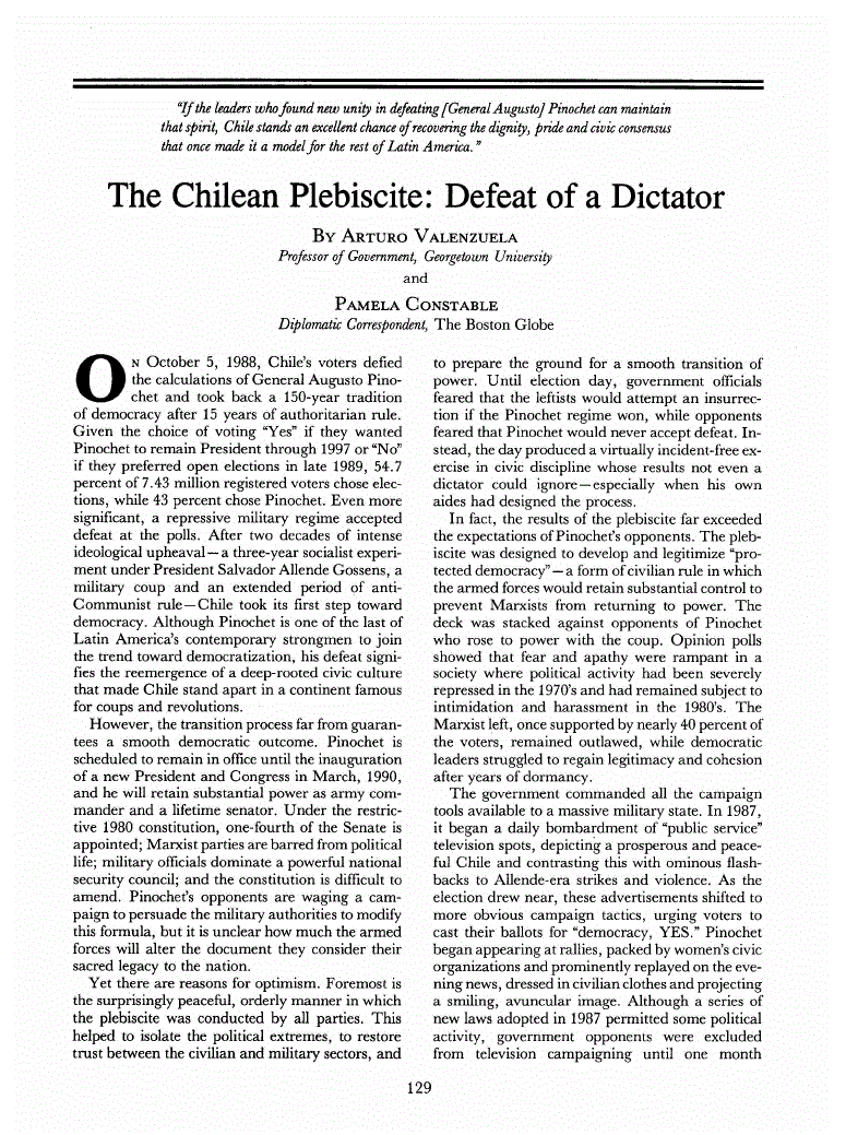 First page of The Chilean Plebiscite<subtitle>Defeat of a Dictator</subtitle>