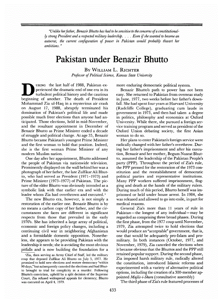 First page of Pakistan under Benazir Bhutto