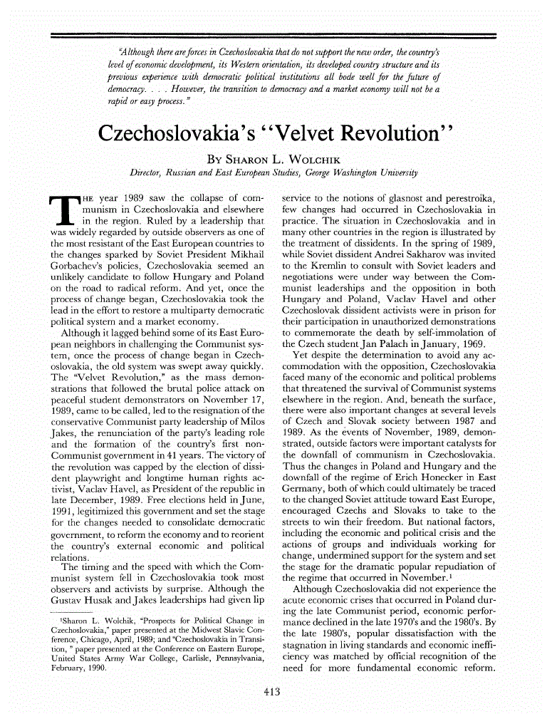 First page of Czechoslovakia’s “Velvet Revolution”
