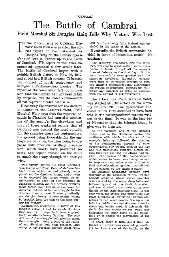 First page of The Battle of Cambrai<subtitle>Field Marshal Sir Douglas Haig Tells why Victory was Lost</subtitle>