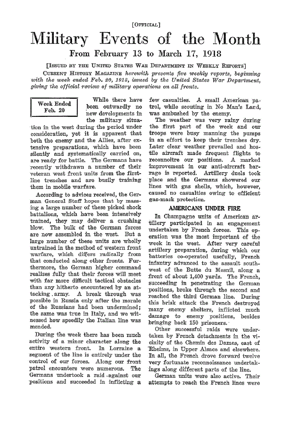 First page of Military Events of the Month<subtitle>From February 13 to March 17, 1918</subtitle>