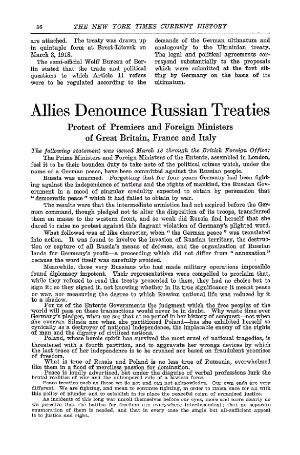 First page of Allies Denounce Russian Treaties<subtitle>Protest of Premiers and Foreign Ministers of Great Britain, France and Italy</subtitle>