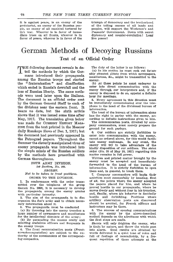 First page of German Methods of Decoying Russians<subtitle>Text of an Official Order</subtitle>