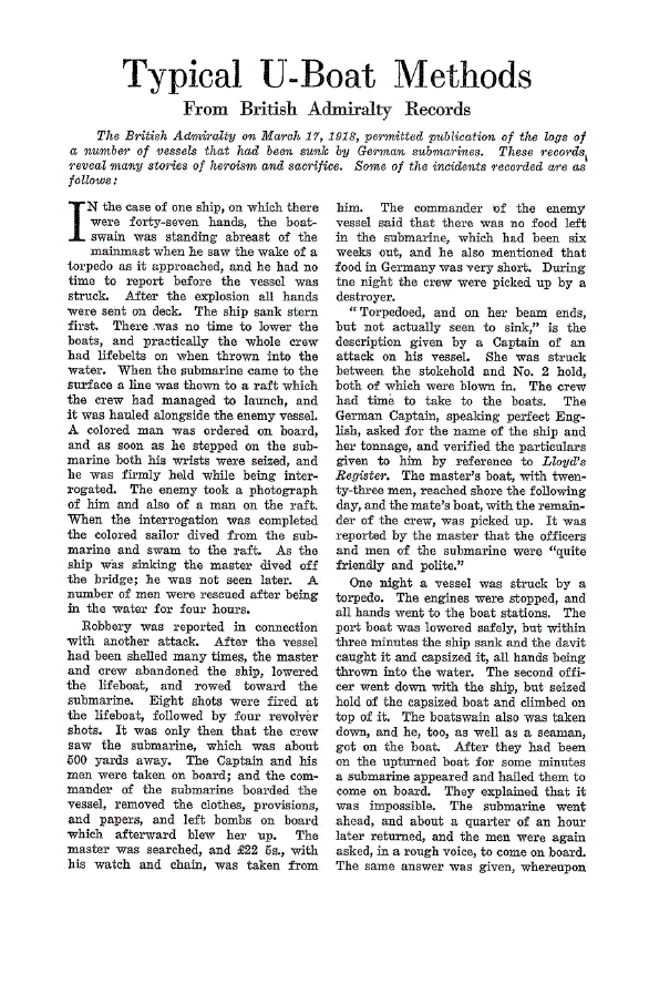 First page of Typical U-Boat Methods<subtitle>From British Admiralty Records</subtitle>
