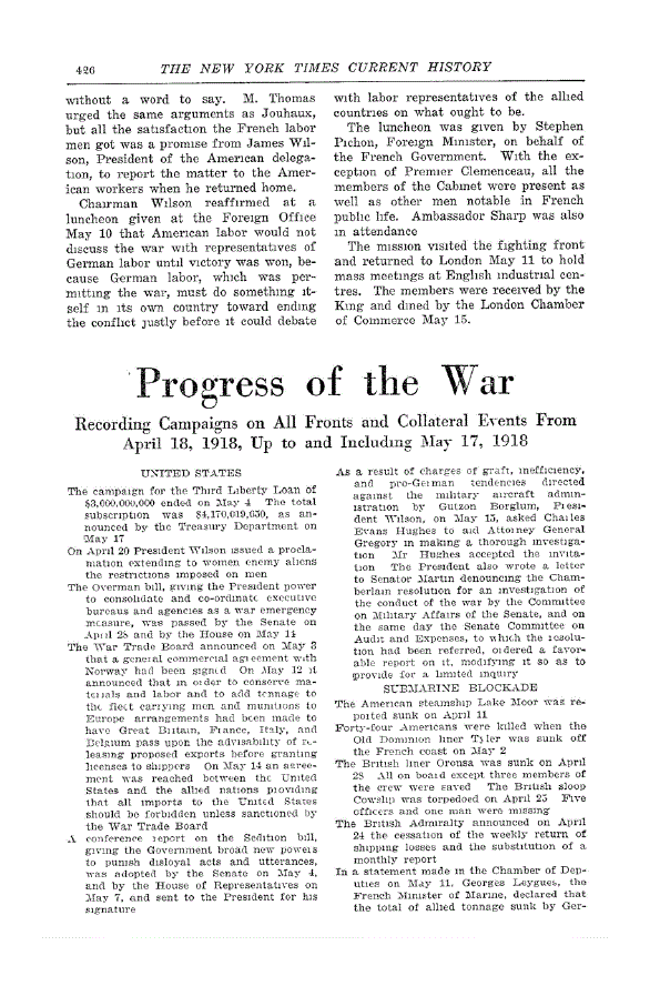 First page of Progress of the War<subtitle>Recording Campaigns on all Fronts and Collateral Events from April 18, 1918, Up to and Including May 17, 1918</subtitle>