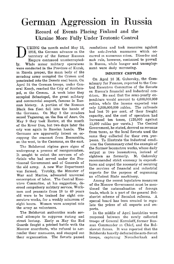 First page of German Aggression in Russia<subtitle>Record of Events Placing Finland and the Ukraine More Fully Under Teutonic Control</subtitle>