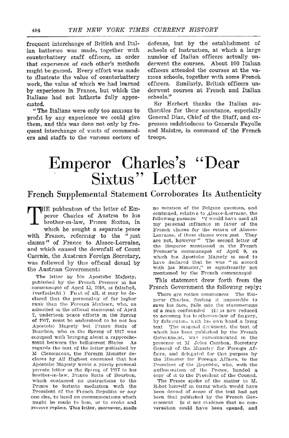 First page of Emperor Charles’s “Dear Sixtus” Letter<subtitle>French Supplemental Statement Corroborates its Authenticity</subtitle>