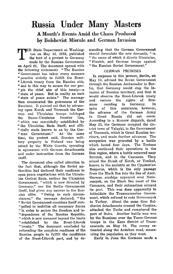 First page of Russia Under Many Masters<subtitle>A Month’s Events Amid the Chaos Produced by Bolshevist Misrule and German Invasion</subtitle>