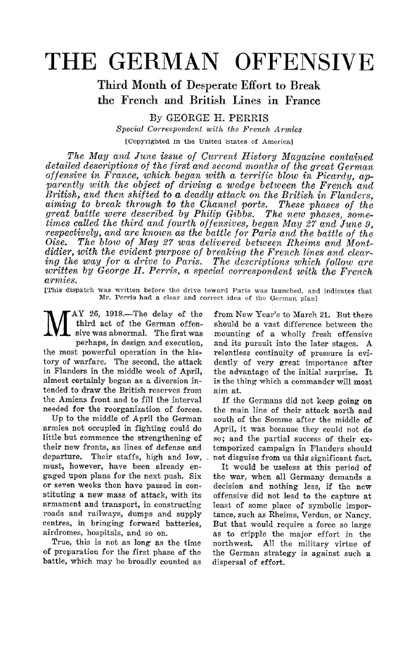 First page of The German Offensive<subtitle>Third Month of Desperate Effort to Break the French and British Lines in France</subtitle>