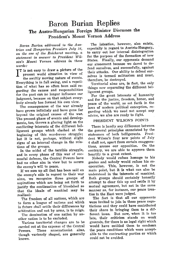 First page of Baron Burian Replies<subtitle>The Austro-Hungarian Foreign Minister Discusses the President’s Mount Vernon Address</subtitle>