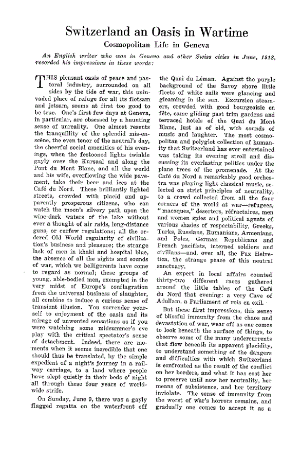 First page of Switzerland an Oasis in Wartime<subtitle>Cosmopolitan Life in Geneva</subtitle>