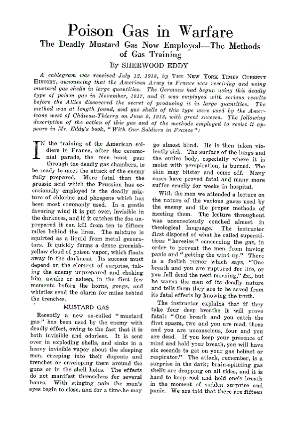 First page of Poison Gas in Warfare<subtitle>The Deadly Mustard Gas Now Employed—The Methods of Gas Training</subtitle>
