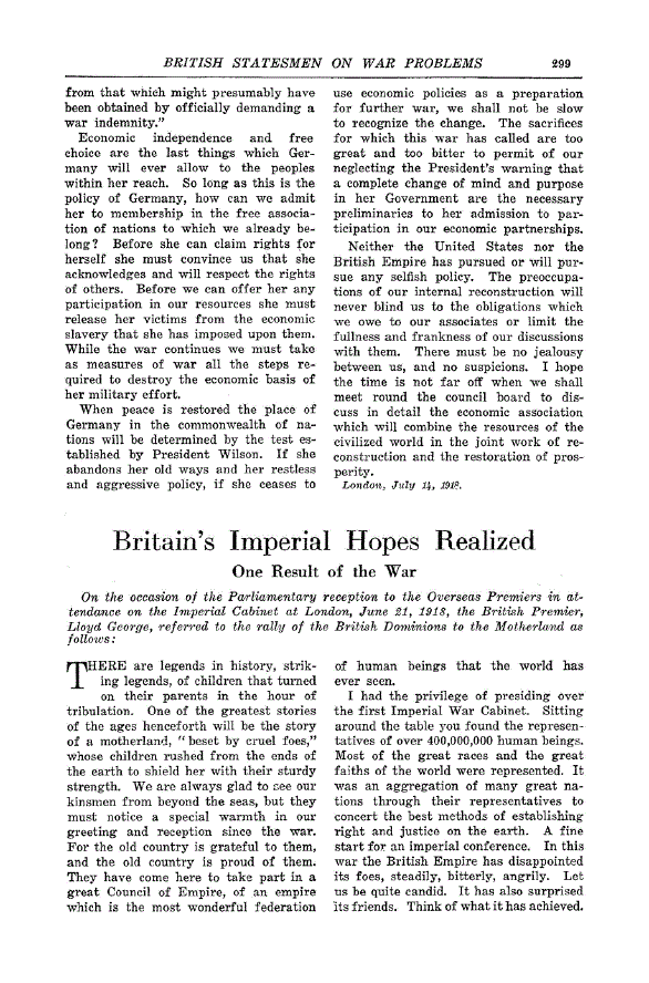 First page of Britain’s Imperial Hopes Realized<subtitle>One Result of the War</subtitle>