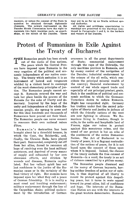 First page of Protest of Rumanians in Exile Against the Treaty of Bucharest