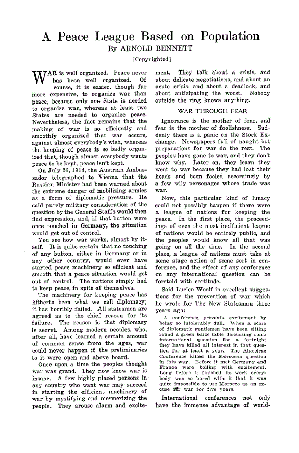 First page of A Peace League Based on Population
