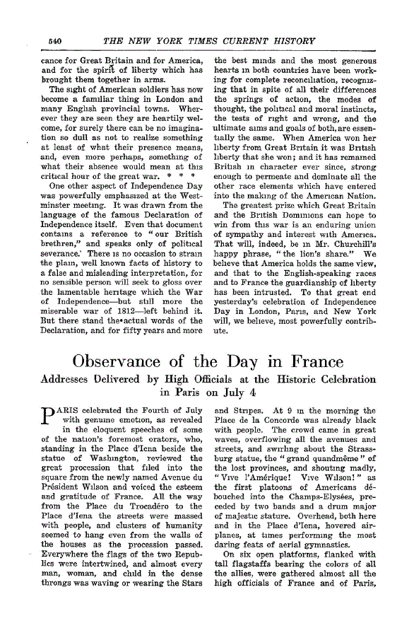 First page of Observance of the Day in France<subtitle>Addresses Delivered by High Officials at the Historic Celebration in Paris on July 4</subtitle>