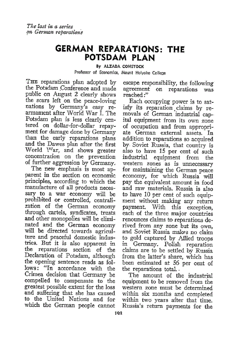 First page of German Reparations<subtitle>The Potsdam Plan</subtitle>