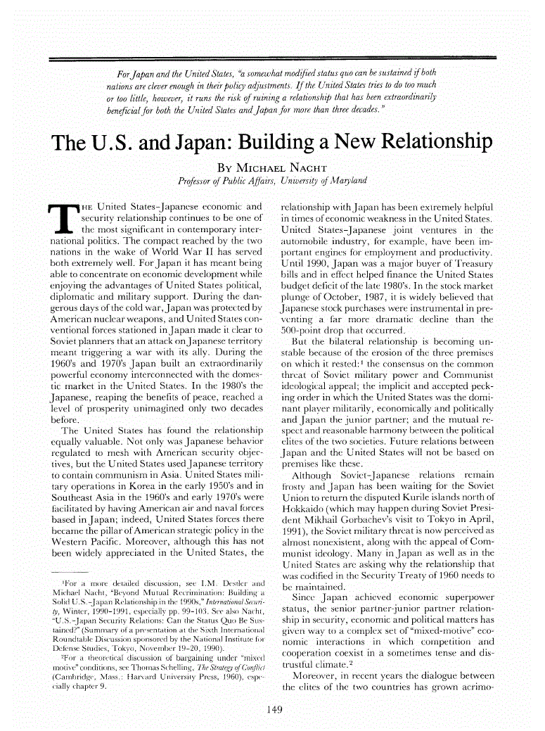 First page of The U.S. and Japan<subtitle>Building a New Relationship</subtitle>