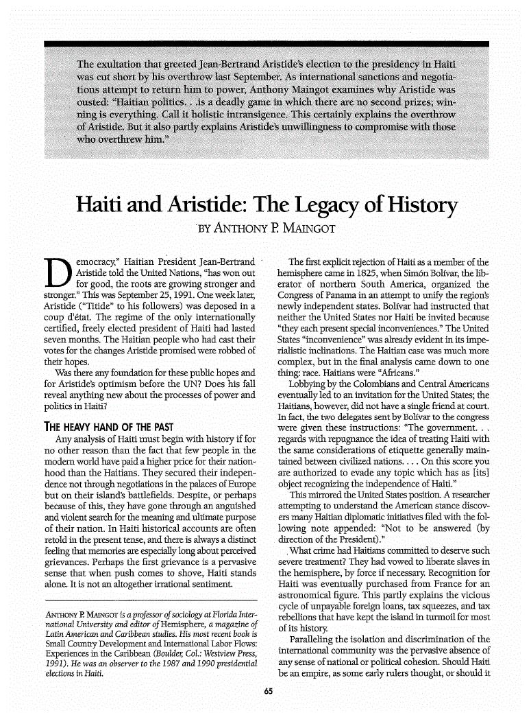 First page of Haiti and Aristide<subtitle>The Legacy of History</subtitle>