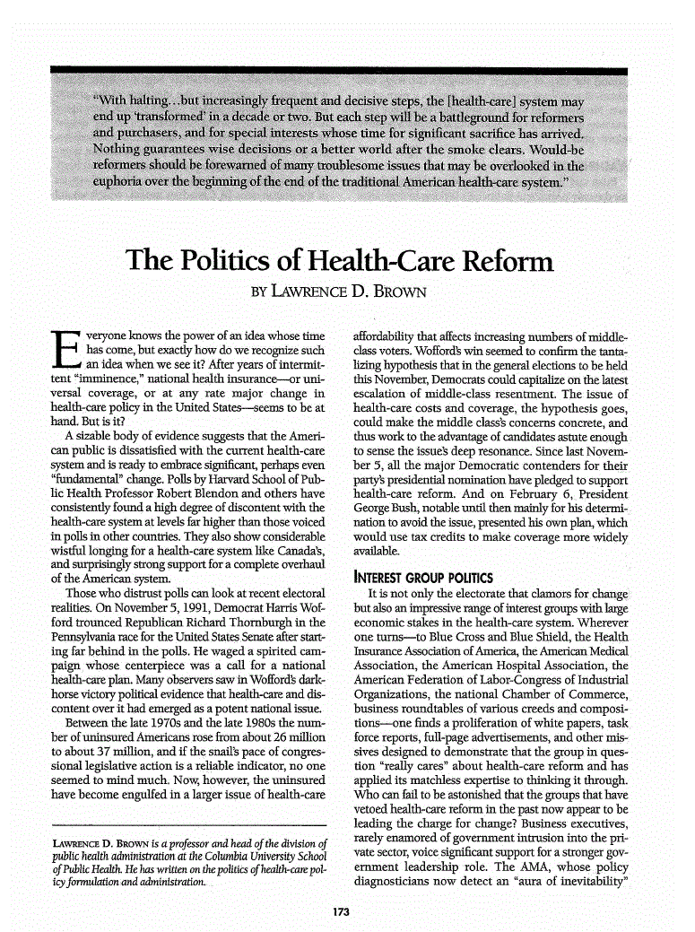 First page of The Politics of Health-Care Reform