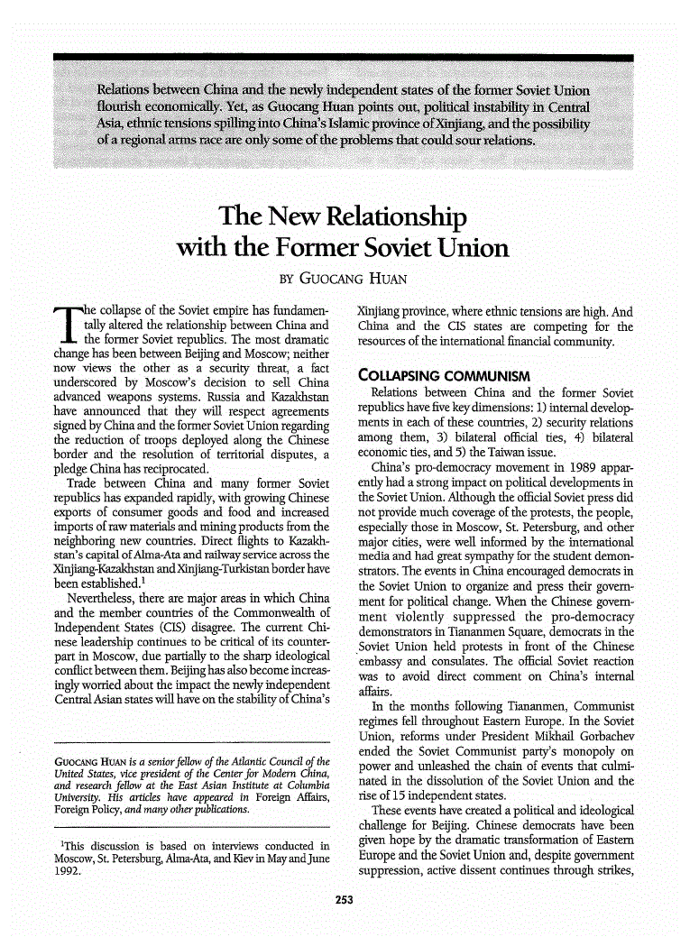 First page of The New Relationship with the Former Soviet Union