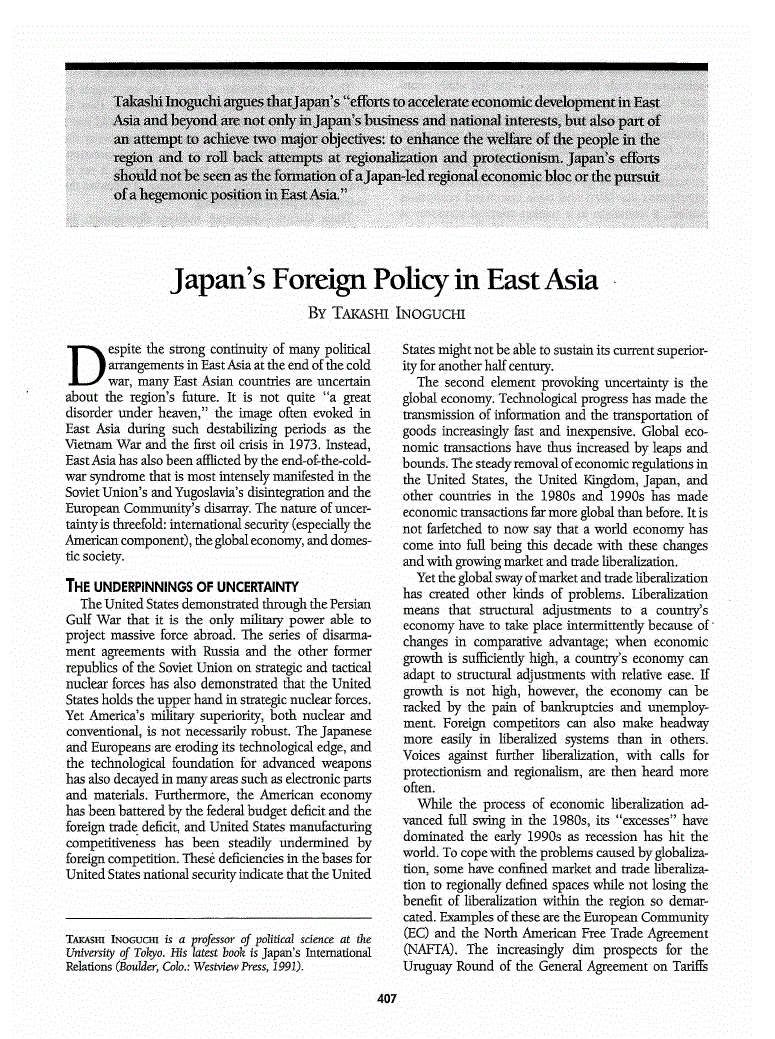 First page of Japan’s Foreign Policy in East Asia