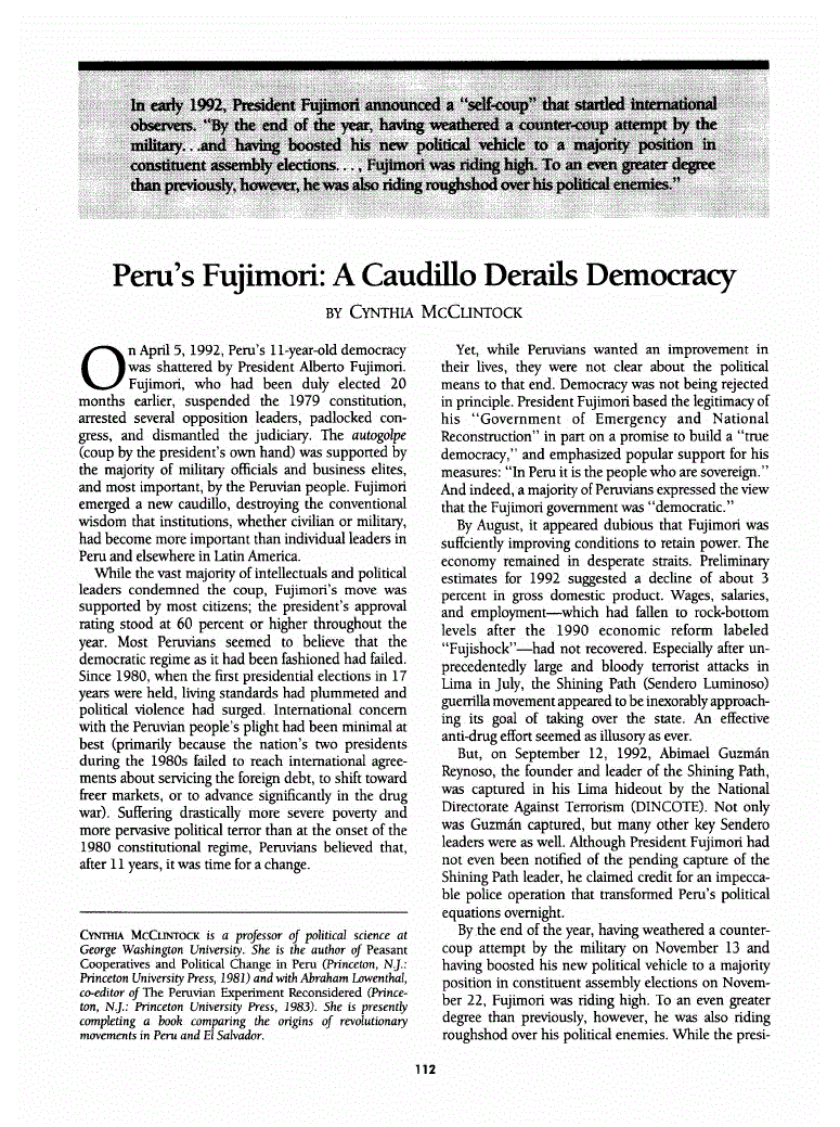First page of Peru’s Fujimori<subtitle>A Caudillo Derails Democracy</subtitle>