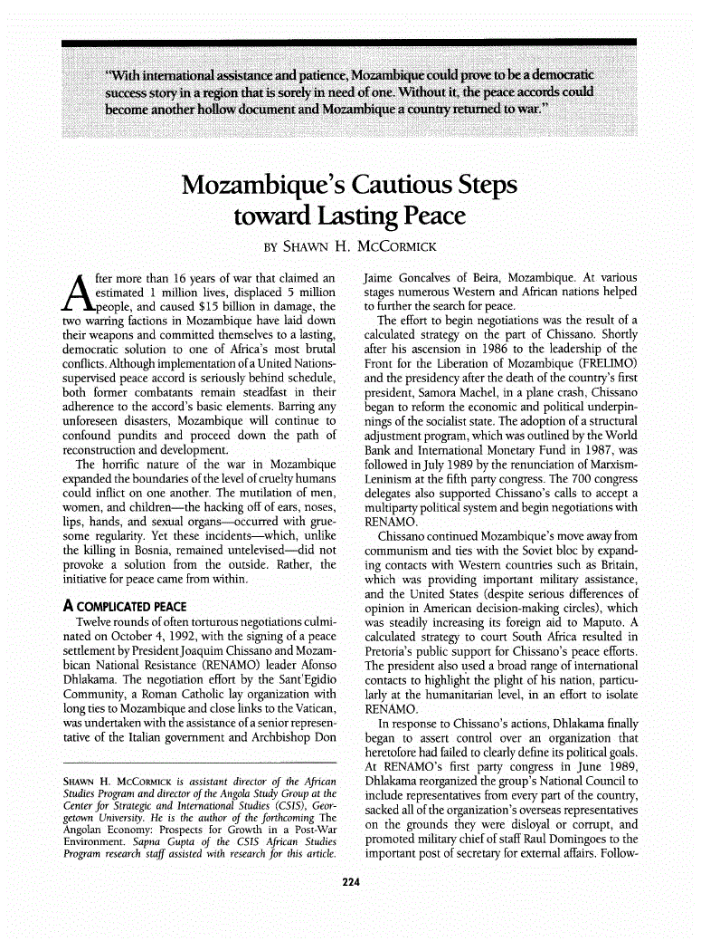 First page of Mozambique’s Cautious Steps toward Lasting Peace