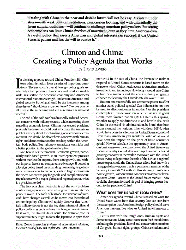 First page of Clinton and China<subtitle>Creating a Policy Agenda that Works</subtitle>