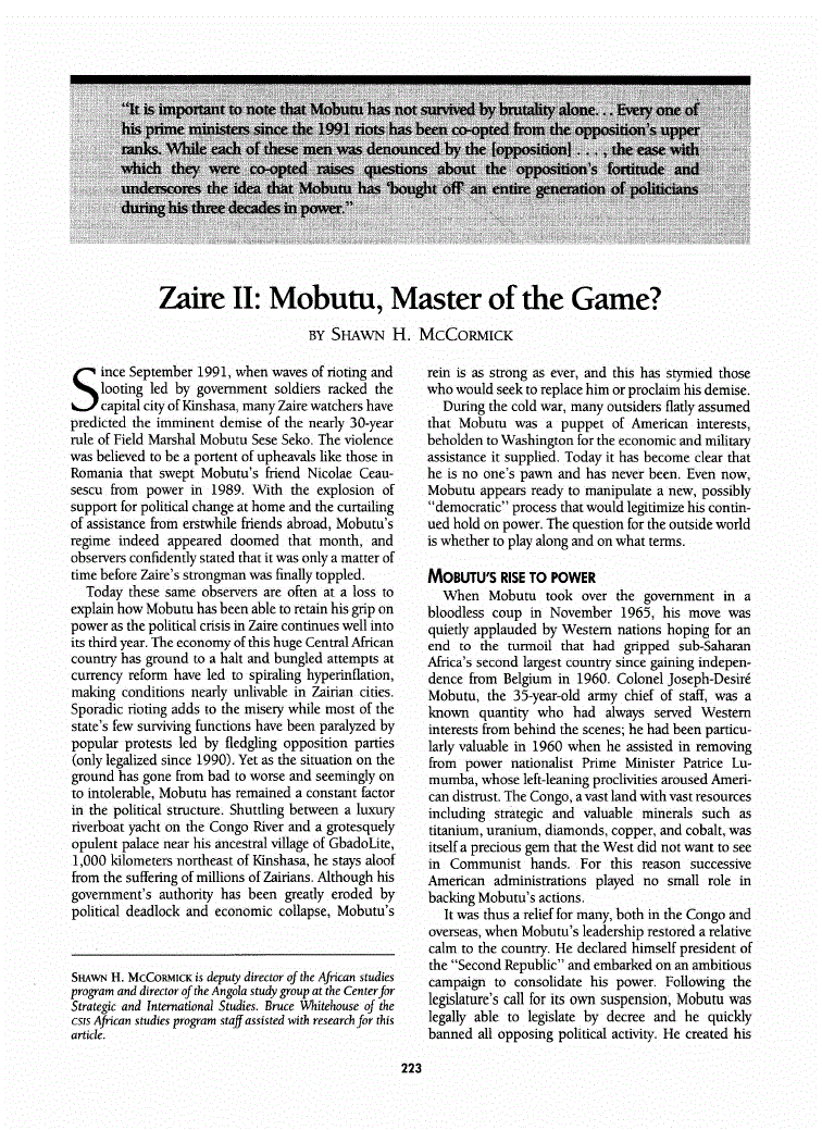 First page of Zaire II<subtitle>Mobutu, Master of the Game?</subtitle>