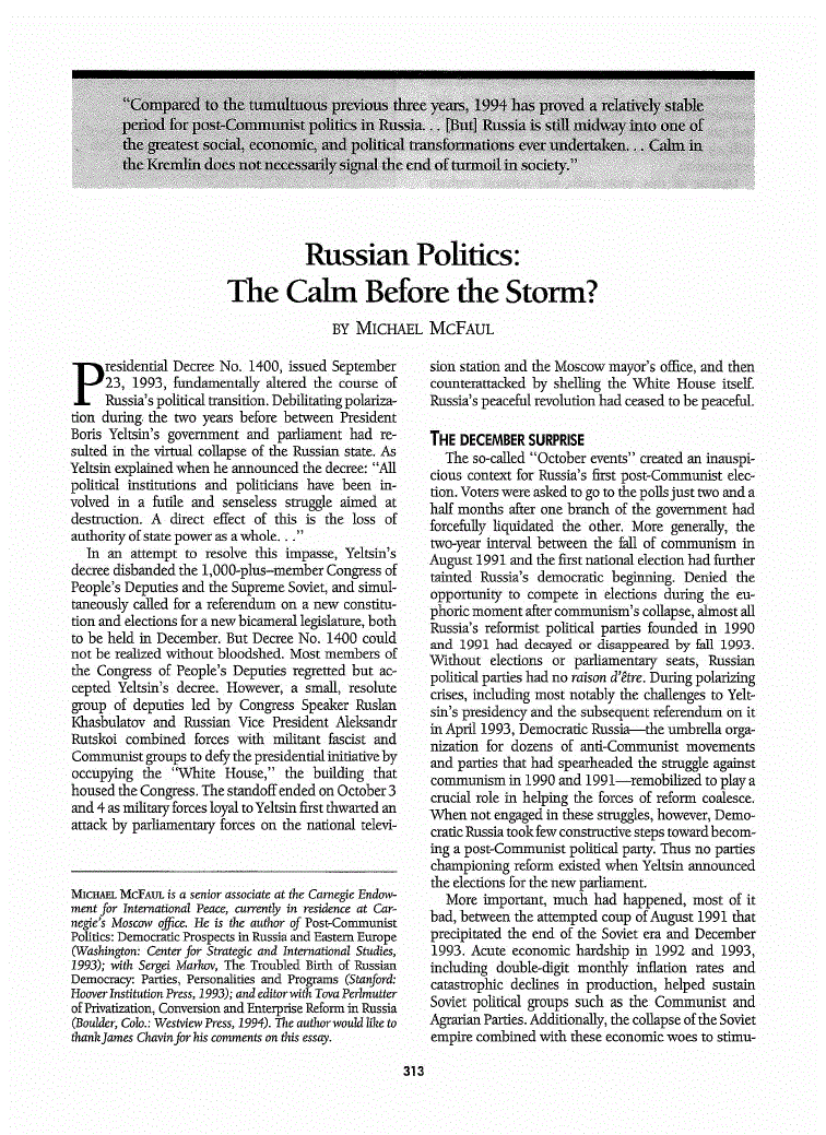 First page of Russian Politics<subtitle>The Calm Before the Storm?</subtitle>